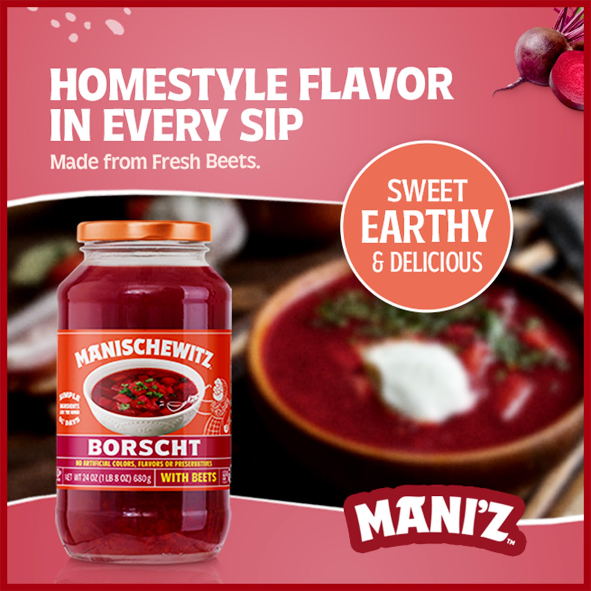 Manischewitz Borscht with Beets, 24 Oz (2 Pack) | Ready-to-Serve Beet Soup | Sweet & Tangy Flavor | Gluten-Free, Vegetarian | Kosher (including Passover) - Image 3
