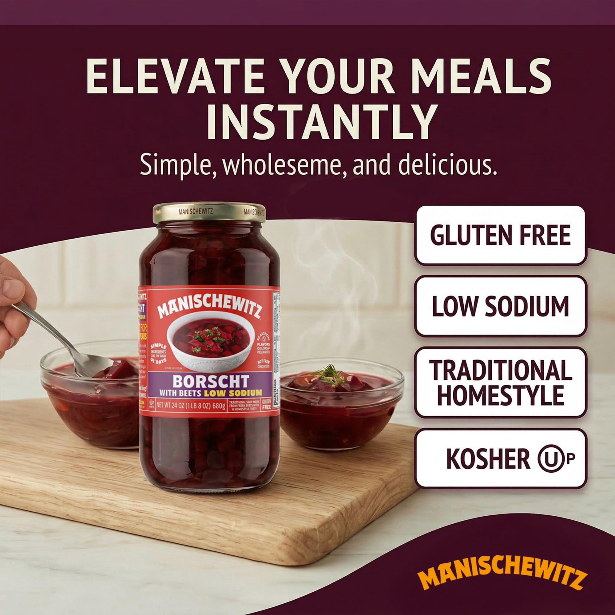 Manischewitz Low Sodium Borscht, 24 oz (4 Pack) | Ready-to-Serve Beet Soup | Sweet & Tangy Flavor | Gluten-Free, Vegetarian | Kosher (including Passover) - Image 4